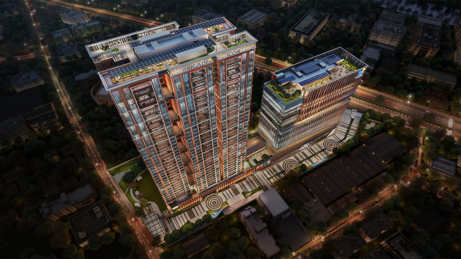 Brigade Icon Apartments in Mount Road Chennai night aerial brigade icon